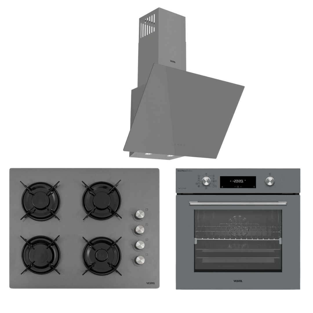 VESTEL EGİK GRİ  BUHARLI DESTEKLİ ANKASTRE SET